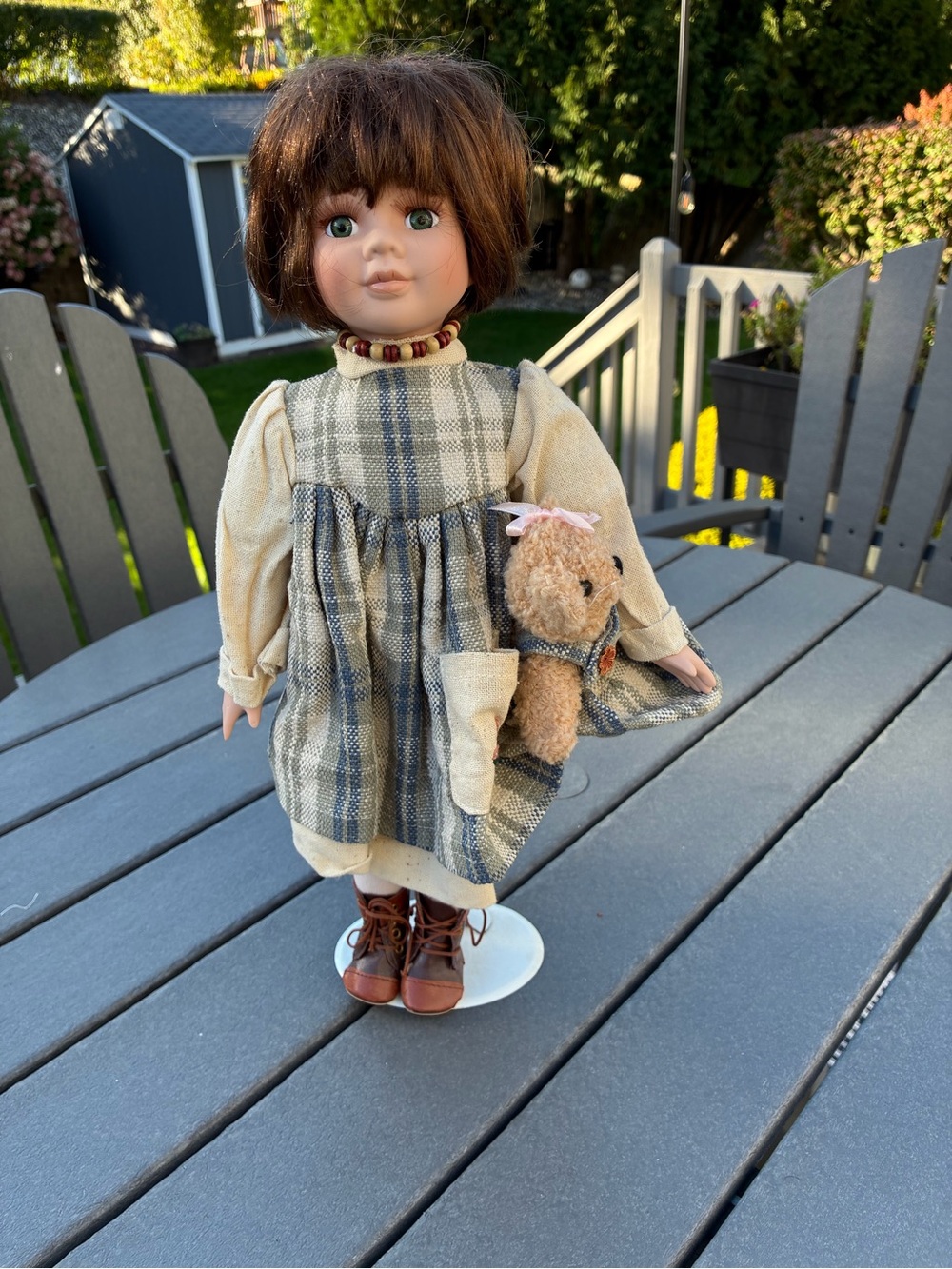 Emerald Porcelain Doll in Beige & Blue Plaid Dress with Teddy